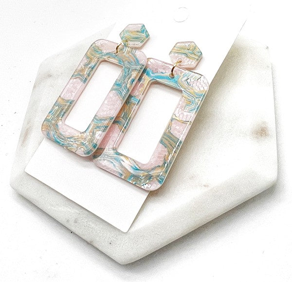 Pink Green Swirl Rectangle Acrylic Earrings Spring