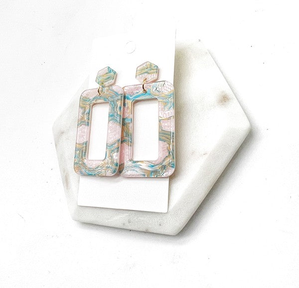 Pink Green Swirl Rectangle Acrylic Earrings Spring