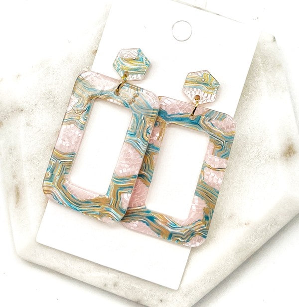 Pink Green Swirl Rectangle Acrylic Earrings Spring