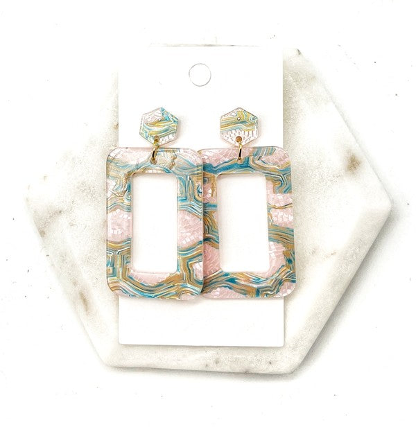 Pink Green Swirl Rectangle Acrylic Earrings Spring