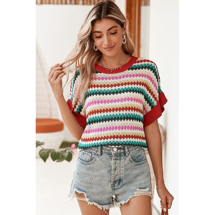 Red Pink Green stripe ruffle short sleeve knit top