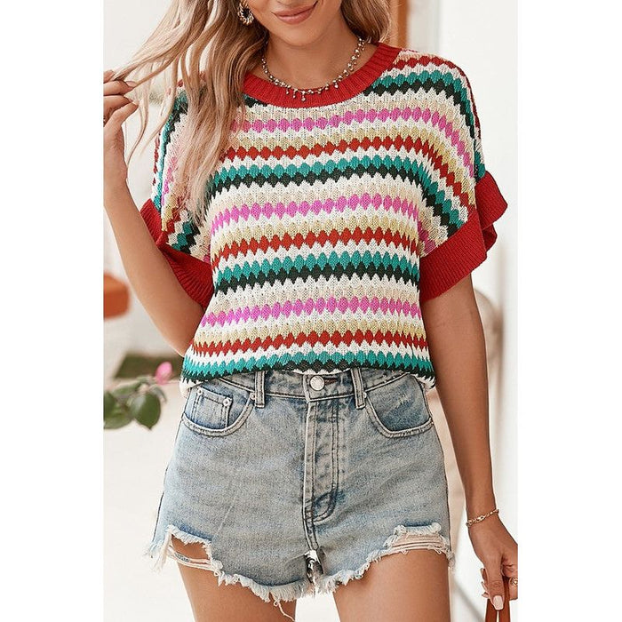 Red Pink Green stripe ruffle short sleeve knit top