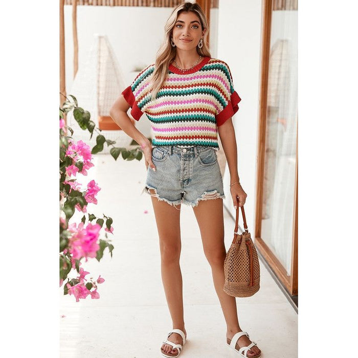 Red Pink Green stripe ruffle short sleeve knit top