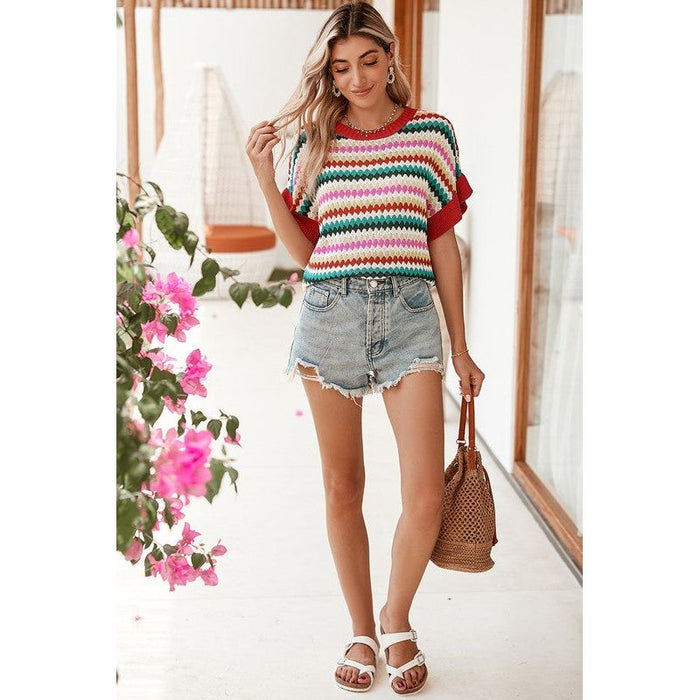 Red Pink Green stripe ruffle short sleeve knit top