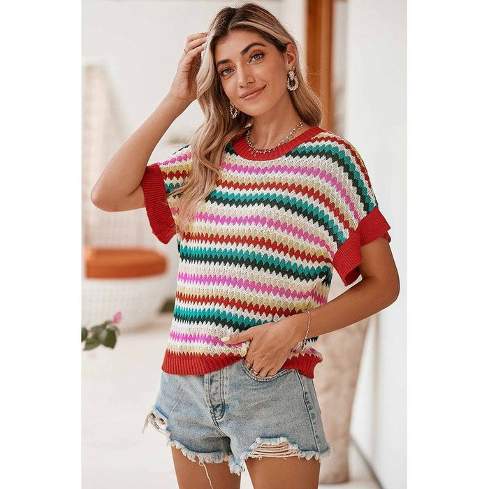 Red Pink Green stripe ruffle short sleeve knit top