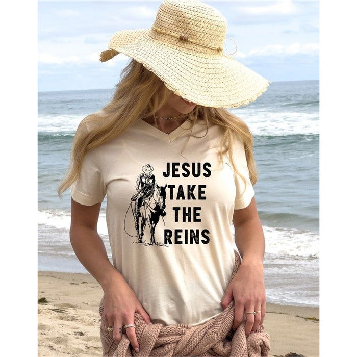 V-Neck Jesus Take the Reins Boutique Tee