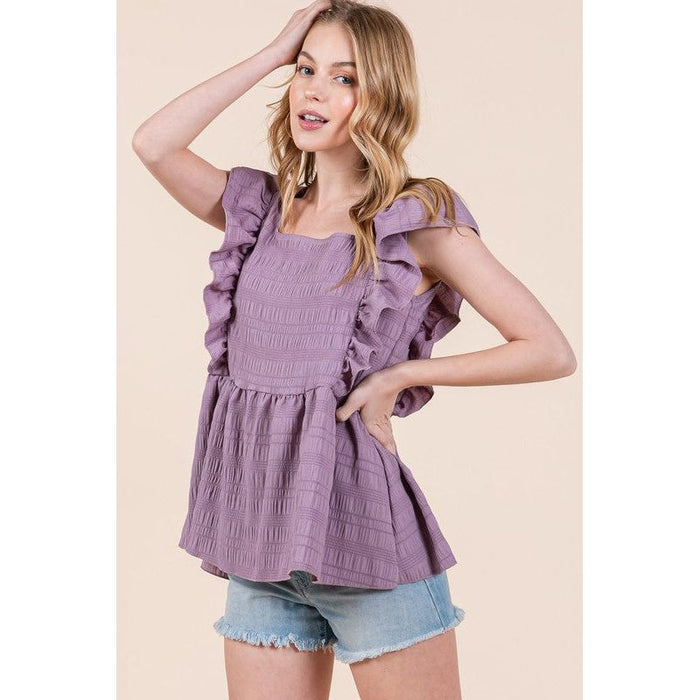 Ruffle Sleeve Textured Peplum Top