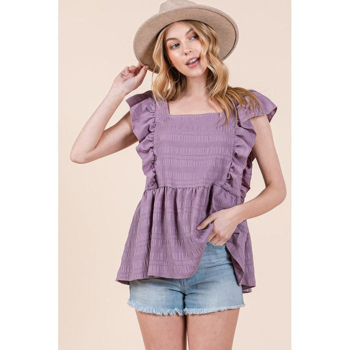 Ruffle Sleeve Textured Peplum Top