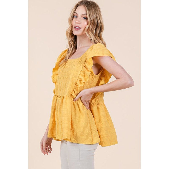 Ruffle Sleeve Textured Peplum Top