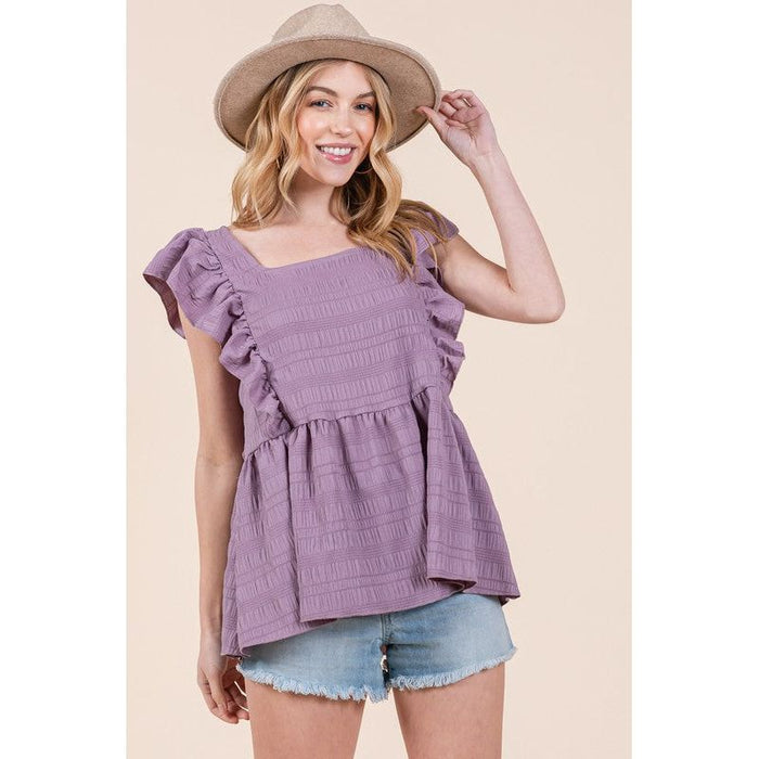 Ruffle Sleeve Textured Peplum Top