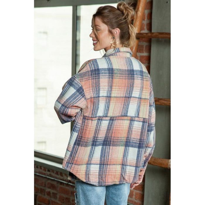 Pink Cream Plaid Checker Button Shacket Shirt