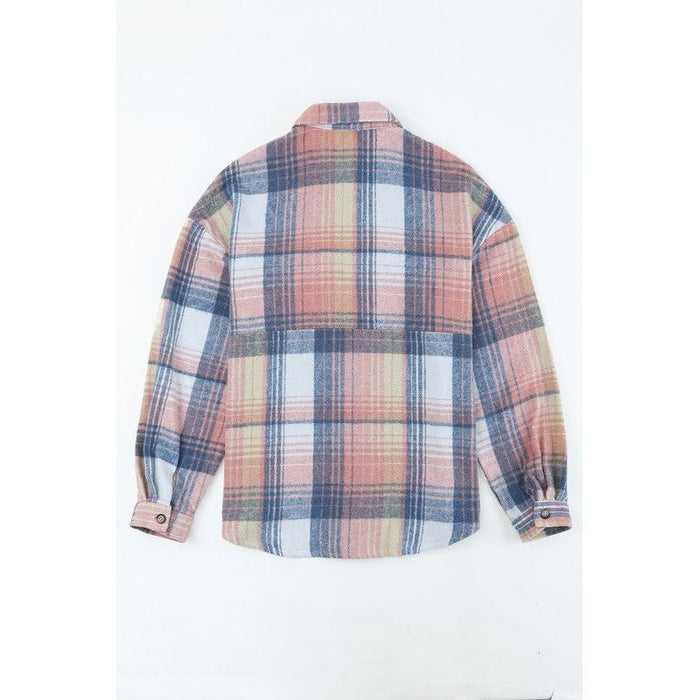 Pink Cream Plaid Checker Button Shacket Shirt