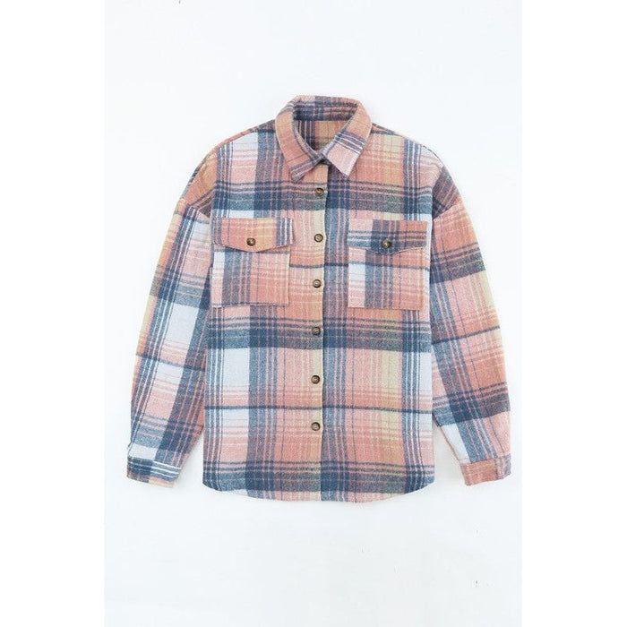 Pink Cream Plaid Checker Button Shacket Shirt