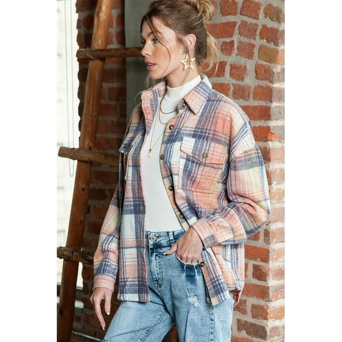 Pink Cream Plaid Checker Button Shacket Shirt