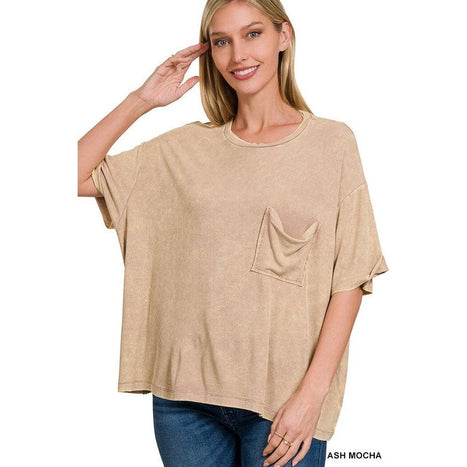 Washed Ribbed Cuffed Short Sleeve Round Neck Top