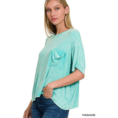 Washed Ribbed Cuffed Short Sleeve Round Neck Top