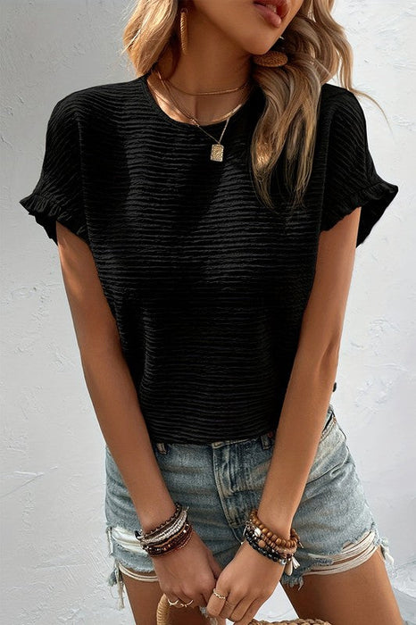 Textured Ruffled Short Sleeve Blouse