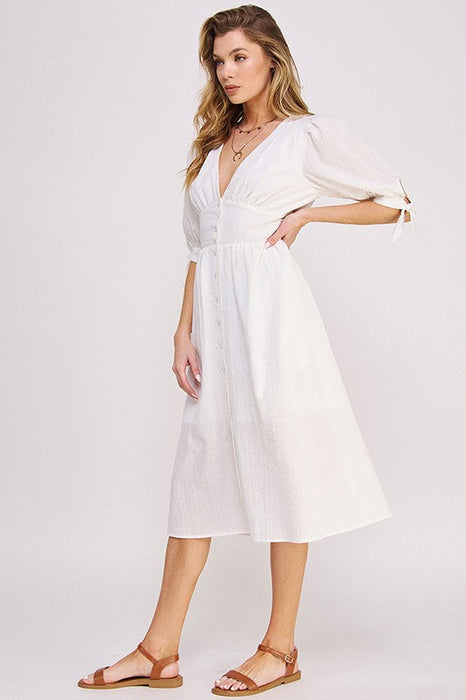 3/4 Puff Slv Texture Vneck Button Down Midi Dress