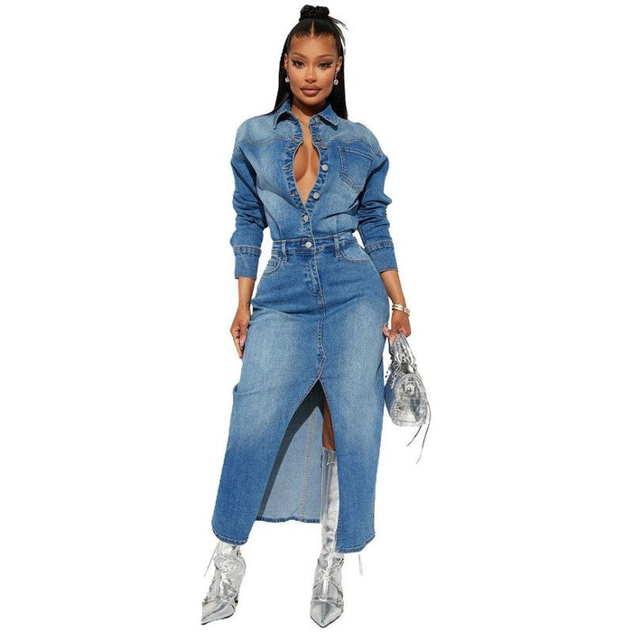 WOMEN FASHION DENIM LONG MAXI DRESS