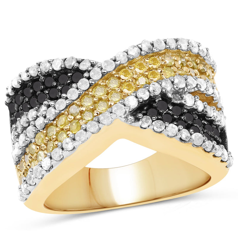 Bids.com 14K Yellow Gold Plated 1.58 Carat Genuine Black Diamond, White Diamond & Yellow Diamond .925 Sterling Silver Ring Rings