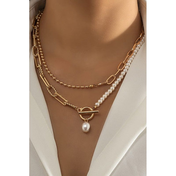 Chain with Pearl Double Layer Toggle Necklace