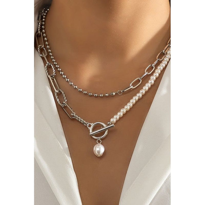 Chain with Pearl Double Layer Toggle Necklace