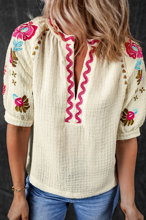 Floral Embroidered Puff Sleeve Blouse