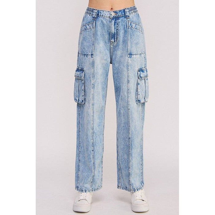 High Waist Baggy Denim Cargo Ankle Length Trousers