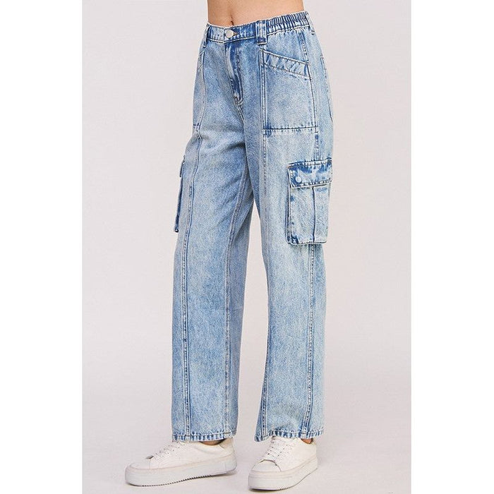 High Waist Baggy Denim Cargo Ankle Length Trousers