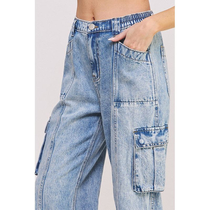 High Waist Baggy Denim Cargo Ankle Length Trousers