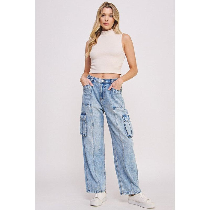 High Waist Baggy Denim Cargo Ankle Length Trousers