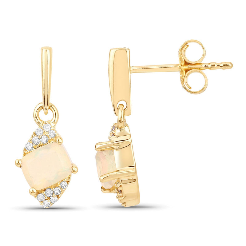 Bids.com 0.57 Carat Genuine Ethiopian Opal and White Diamond 14K Yellow Gold Earrings Earrings