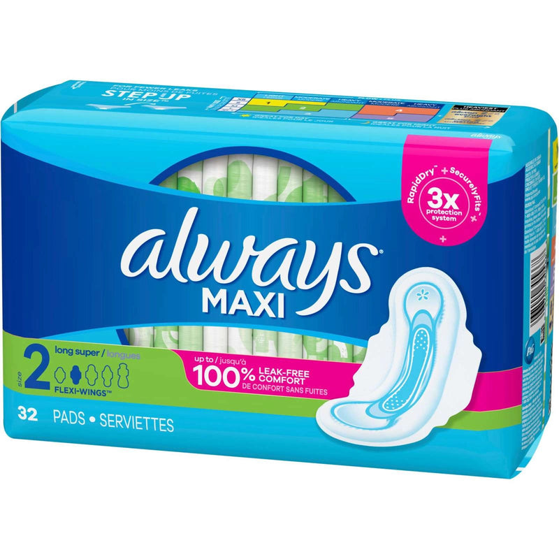 Always Always Maxi Pads with Wings, Size 2 Super Long, Unscented, 32 Count Feminine Pads & Protectors
