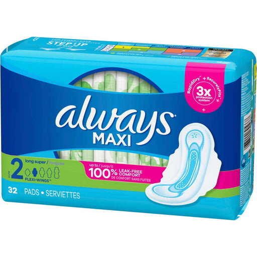 Always Always Maxi Pads with Wings, Size 2 Super Long, Unscented, 32 Count Feminine Pads & Protectors White Smoke