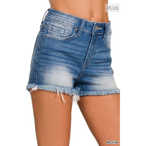 Plus Mid Rise Raw Frayed Hem Denim Shorts