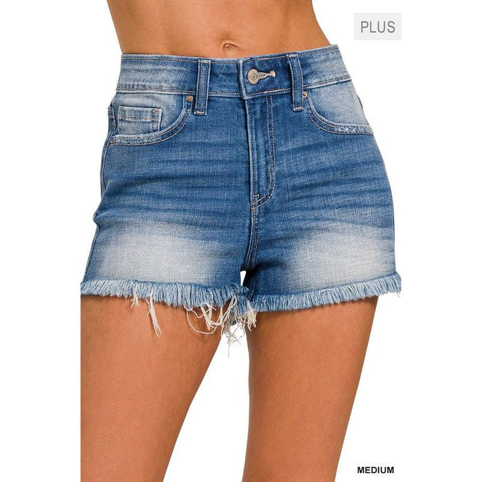 Plus Mid Rise Raw Frayed Hem Denim Shorts