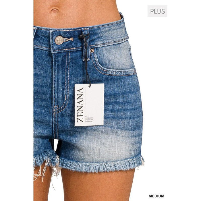 Plus Mid Rise Raw Frayed Hem Denim Shorts