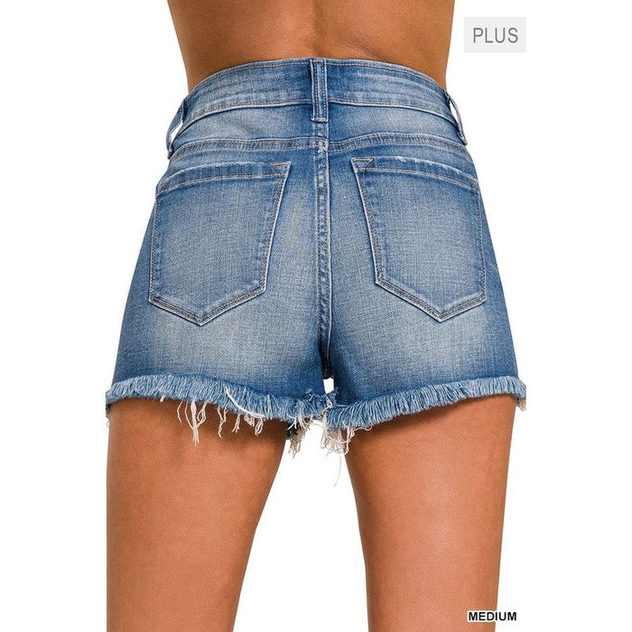 Plus Mid Rise Raw Frayed Hem Denim Shorts