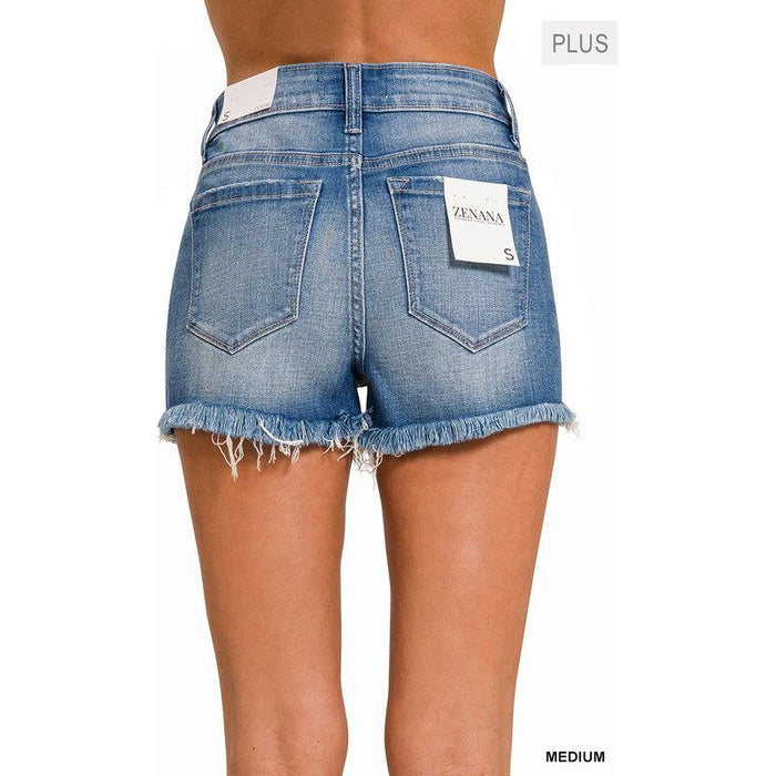 Plus Mid Rise Raw Frayed Hem Denim Shorts