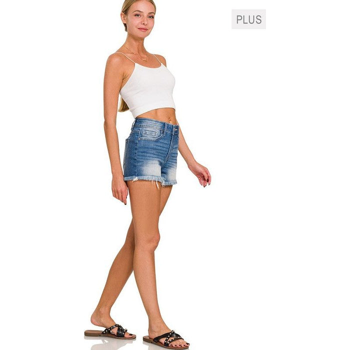 Plus Mid Rise Raw Frayed Hem Denim Shorts