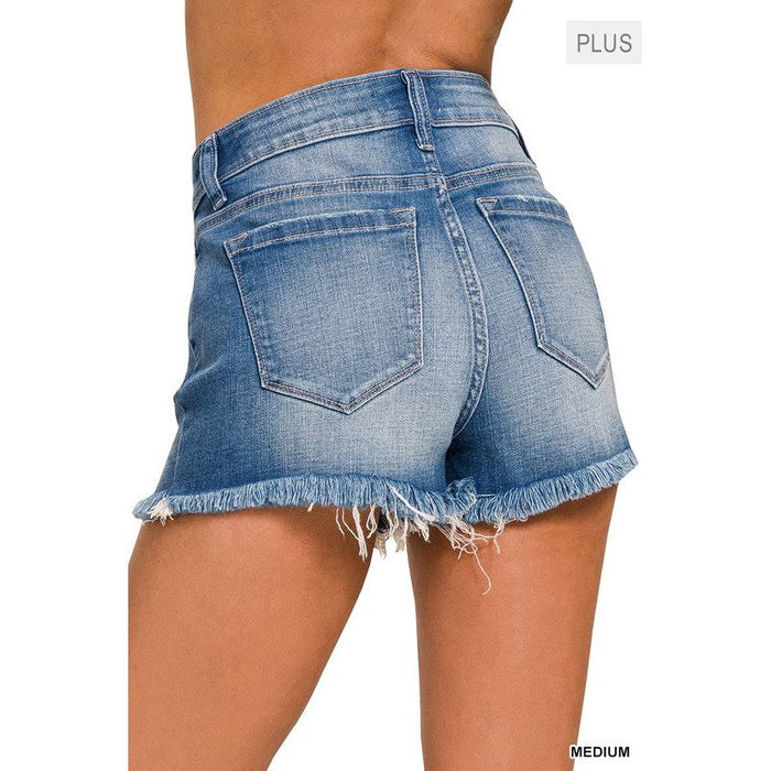 Plus Mid Rise Raw Frayed Hem Denim Shorts