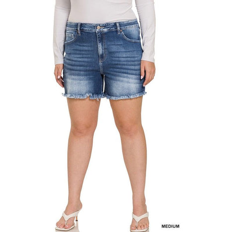 Plus Mid Rise Raw Frayed Hem Denim Shorts