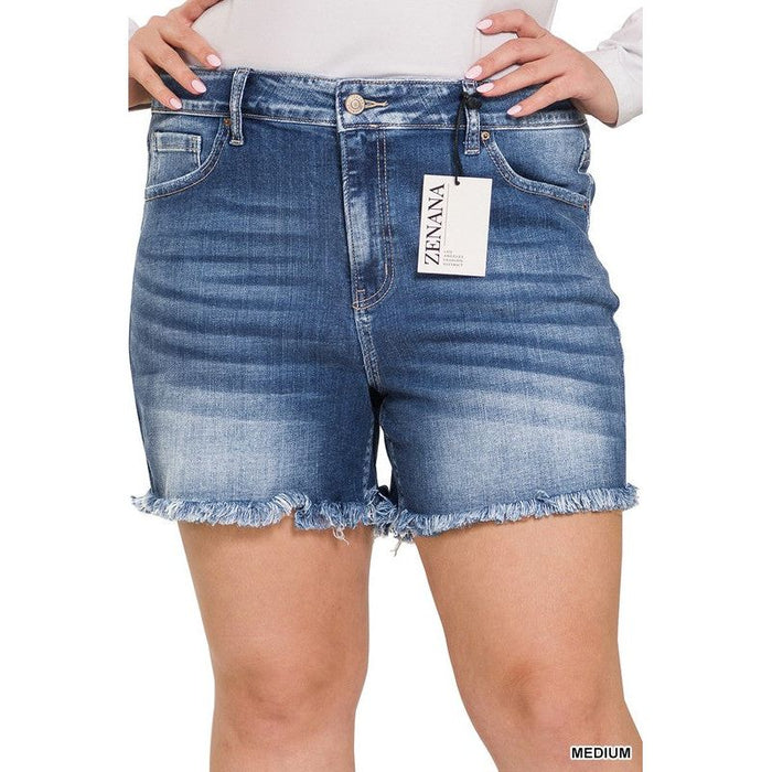 Plus Mid Rise Raw Frayed Hem Denim Shorts