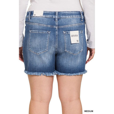 Plus Mid Rise Raw Frayed Hem Denim Shorts