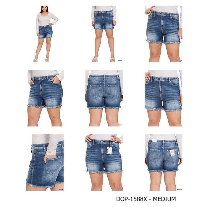 Plus Mid Rise Raw Frayed Hem Denim Shorts