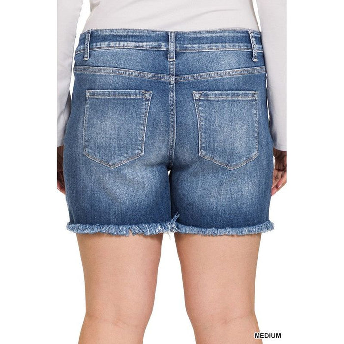 Plus Mid Rise Raw Frayed Hem Denim Shorts