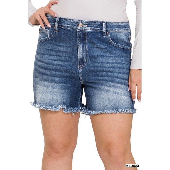 Plus Mid Rise Raw Frayed Hem Denim Shorts