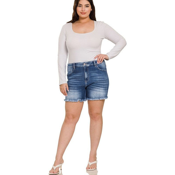 Plus Mid Rise Raw Frayed Hem Denim Shorts