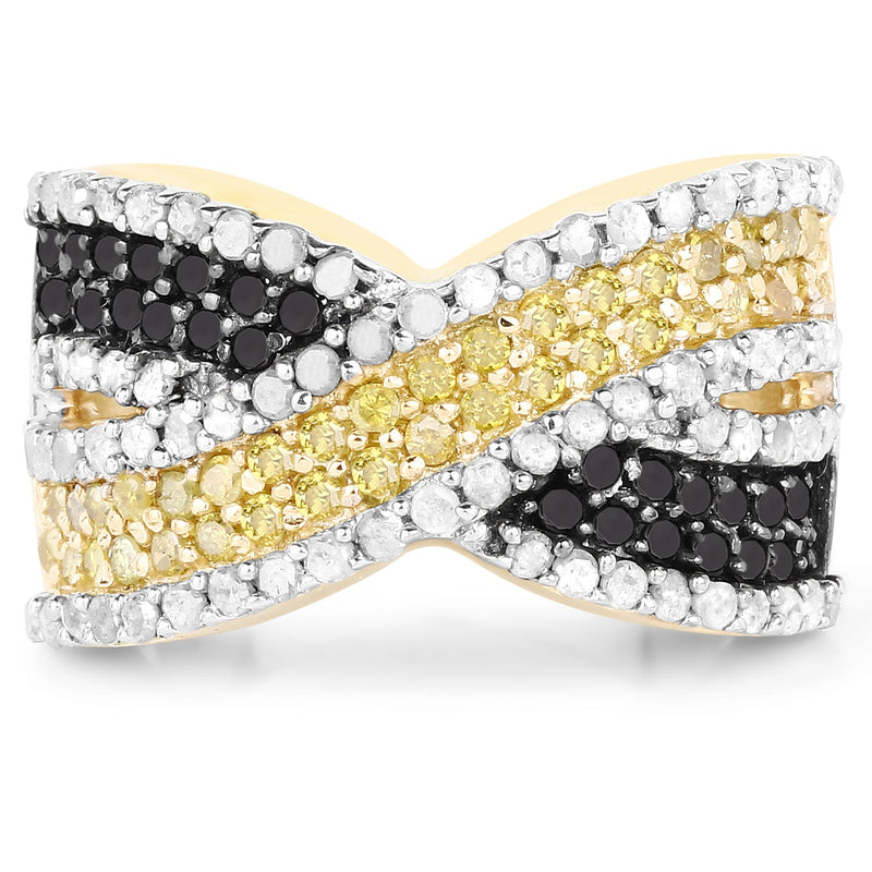 Bids.com 14K Yellow Gold Plated 1.58 Carat Genuine Black Diamond, White Diamond & Yellow Diamond .925 Sterling Silver Ring Rings