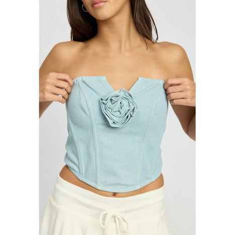 DENIM ROSETTE CORSET TUBE TOP